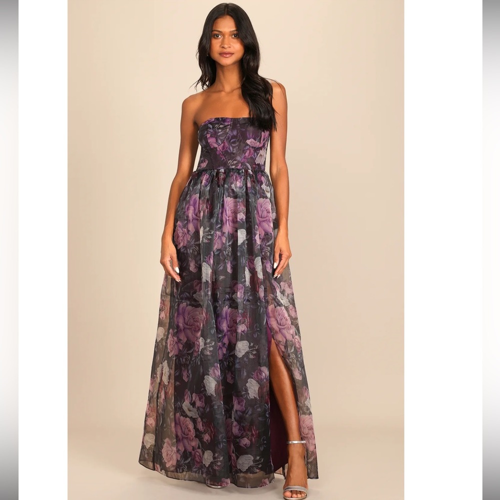 Lulus Wonderful Waltz Purple Floral Print Strapless Bustier Organza Maxi Dress S - Picture 3 of 14